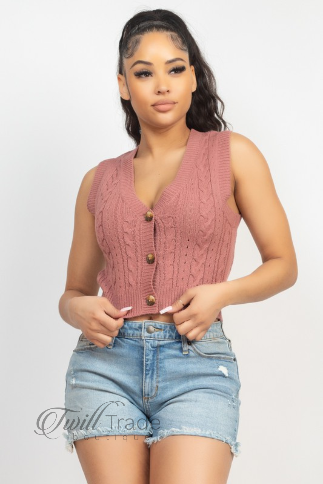 V-Neck Rib Buttoned Sweater