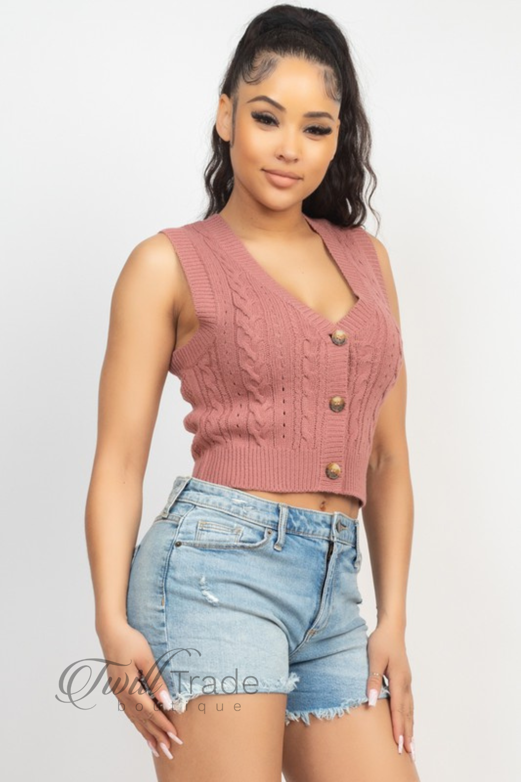 V-Neck Rib Buttoned Sweater