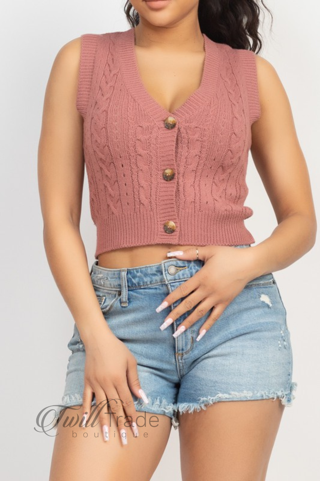 V-Neck Rib Buttoned Sweater